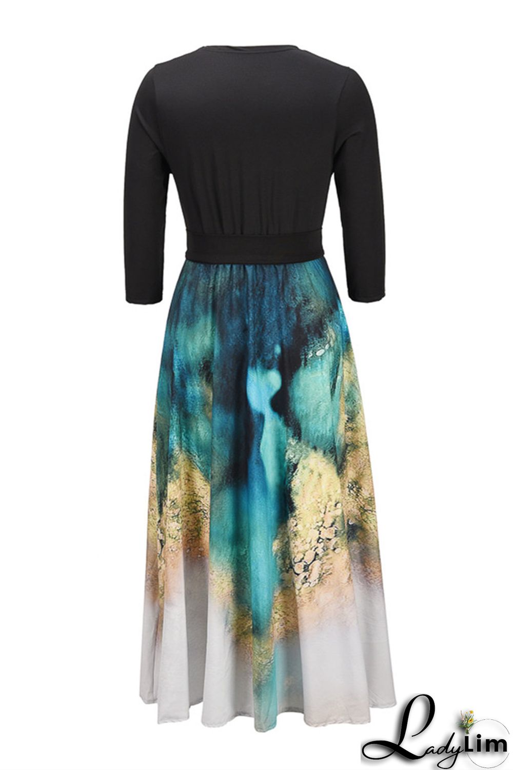 Black Fashion Casual Print Split Joint With Belt V Neck Long Dress
