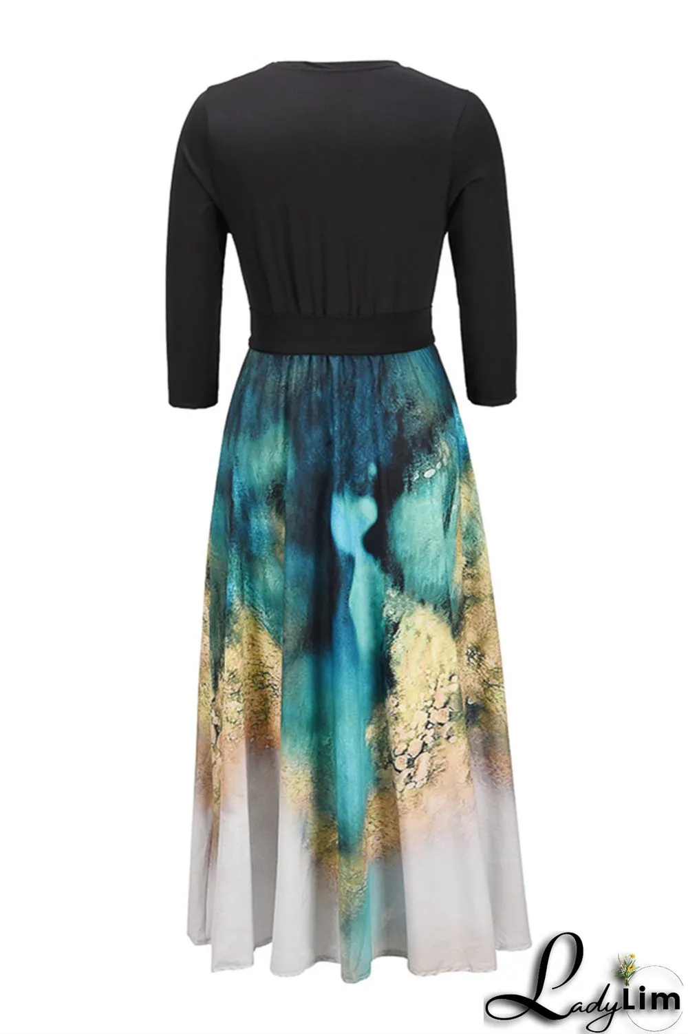 Black Fashion Casual Print Split Joint With Belt V Neck Long Dress