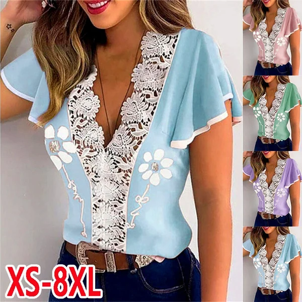 Womens Fashion Clothing Spring Summer Boho Lace Tops for Women Casual Short Sleeved T-shirts Ladies Printed Cotton Loose Blouses Deep V-neck Plus Size Shirts