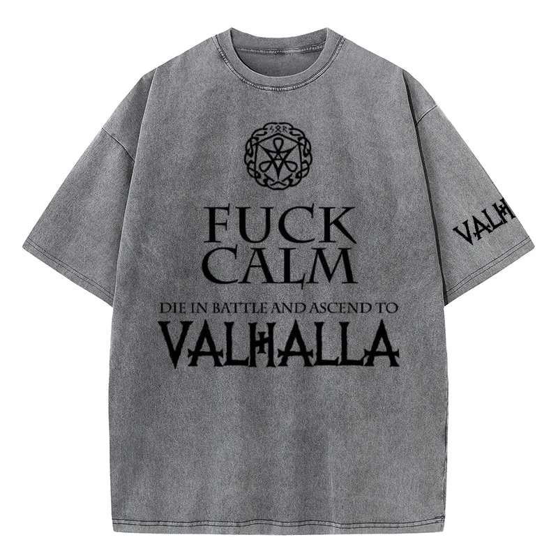 Men's Washed Distressed Valhalla Print Casual Cotton Short-sleeved T-shirt