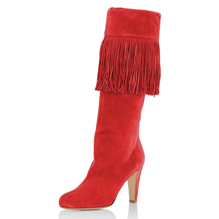 Red Vegan Suede Fringe Chunky Heel Boots Knee-high Boots |FSJ Shoes