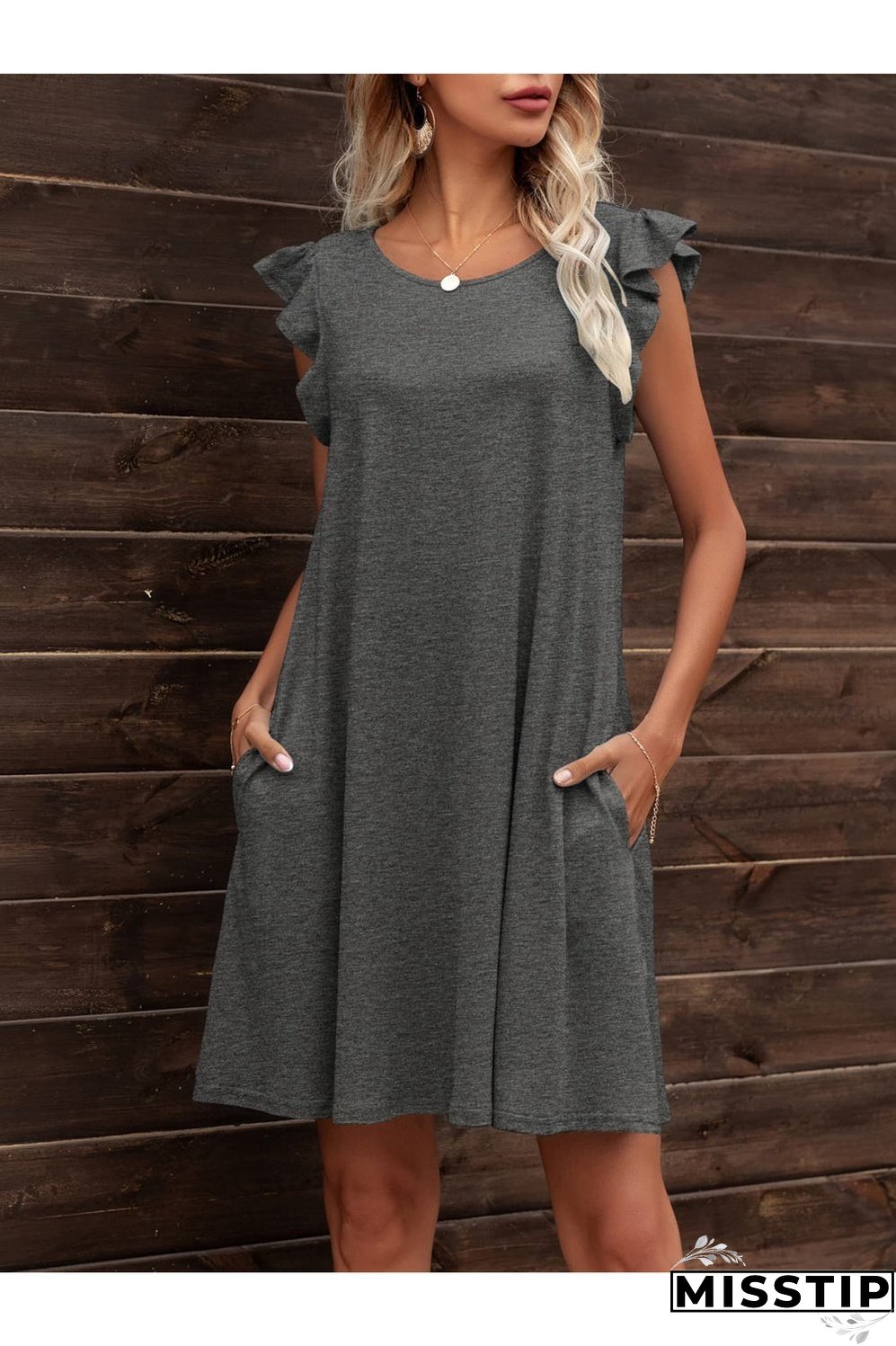 Round Neck Flutter Sleeve Dress with Pockets
