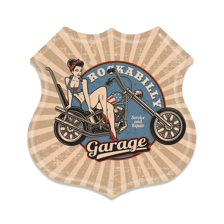 Garage moto - forme de bouclier Enseignes vintage en étain / enseignes en bois - 11.8x11.8inch