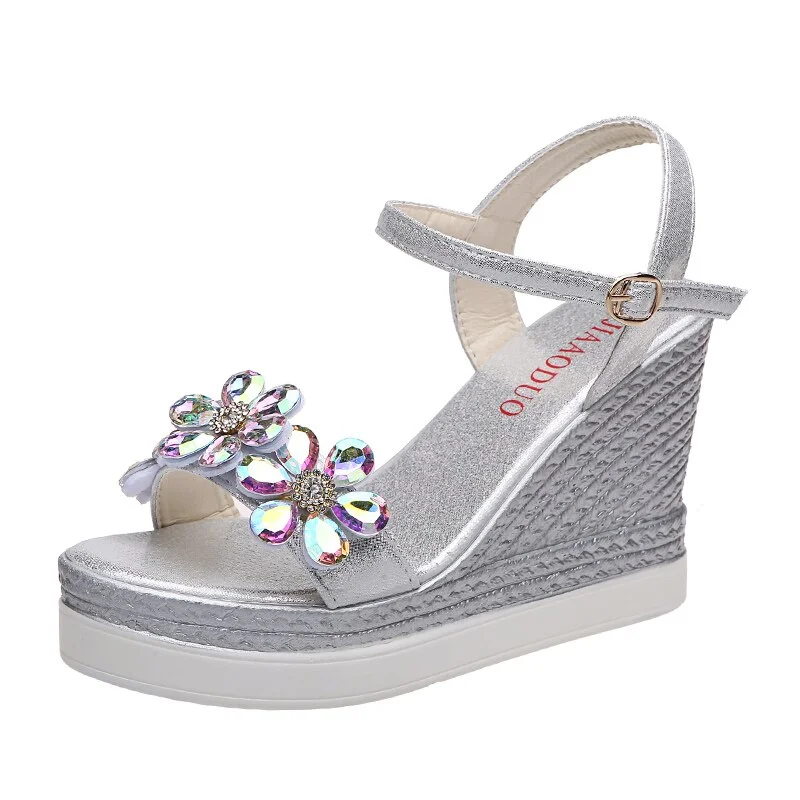 Qengg Female Fashion Flower Open Toe Sandals Dress Silver Sandals Women Rhinestone Wedges Platform Party Shoes Woman