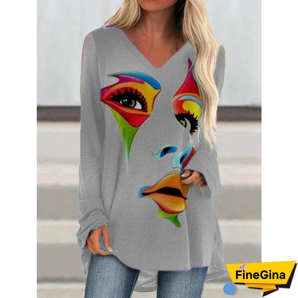 Women Fashion Casual Printed V Neck Long Sleeved Shirts & Tops Graffiti Print T-shirt