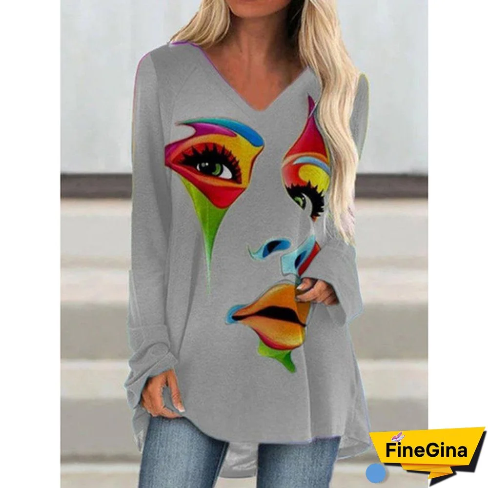 Women Fashion Casual Printed V Neck Long Sleeved Shirts & Tops Graffiti Print T-shirt