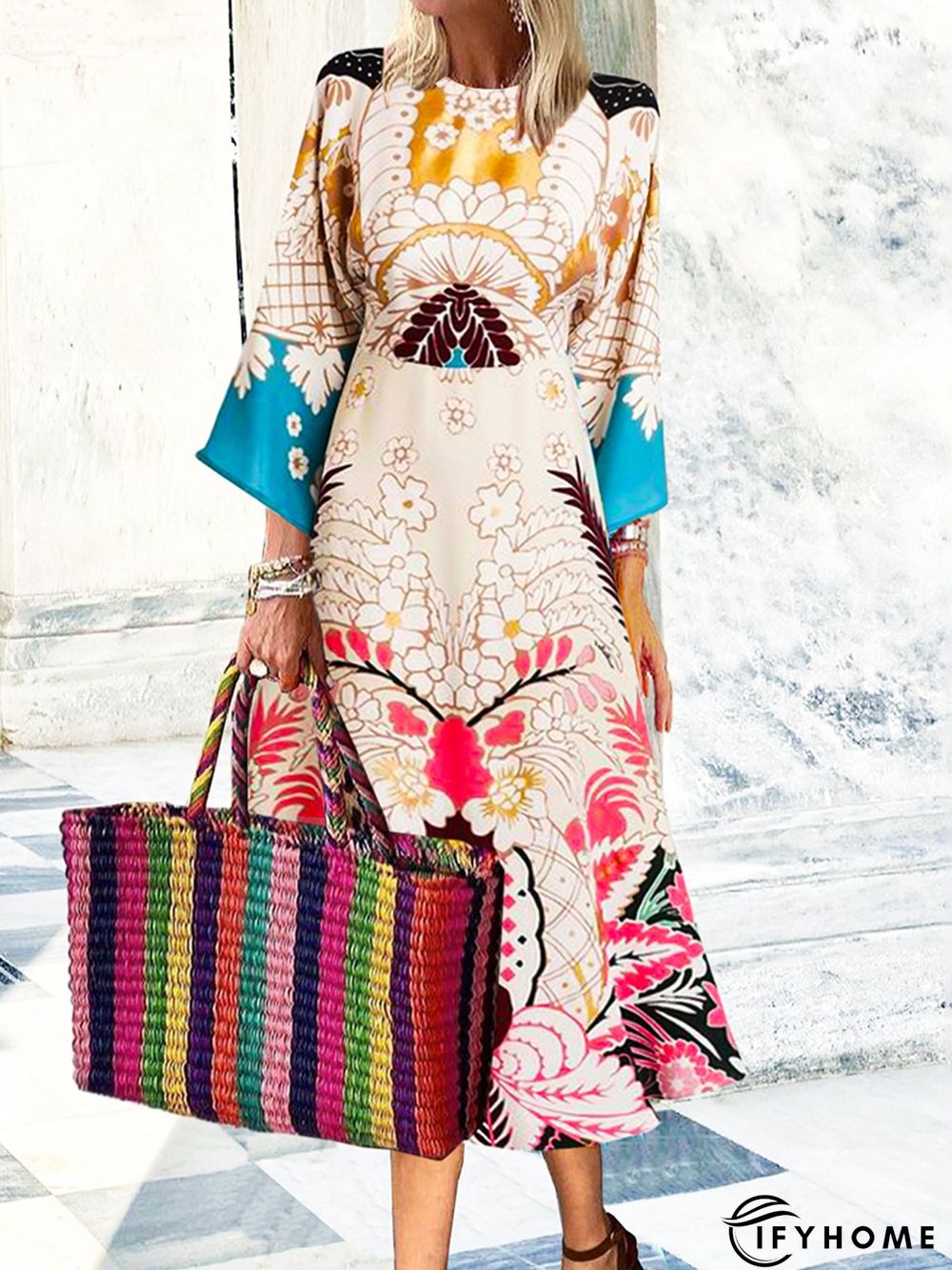 Cotton-Blend Half Sleeve Vintage Weaving Dress | IFYHOME