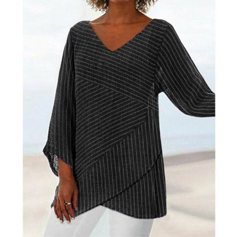 Gentillove Elegant Striped Cross Criss Blouse Casual Long Sleeve V Neck Linen Baggy Shirt Vintage Linen Tunic Tops Streetwear