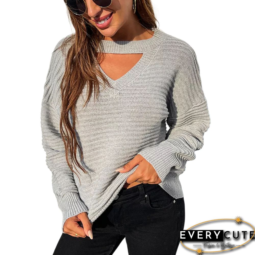 Solid Gray Front Cut-out Pullover Sweater