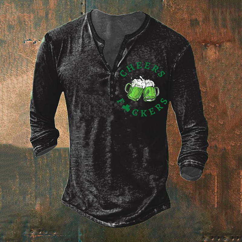Men's St. Patrick's Day Cheers Fuckers Henley Collar T-Shirt wearshes