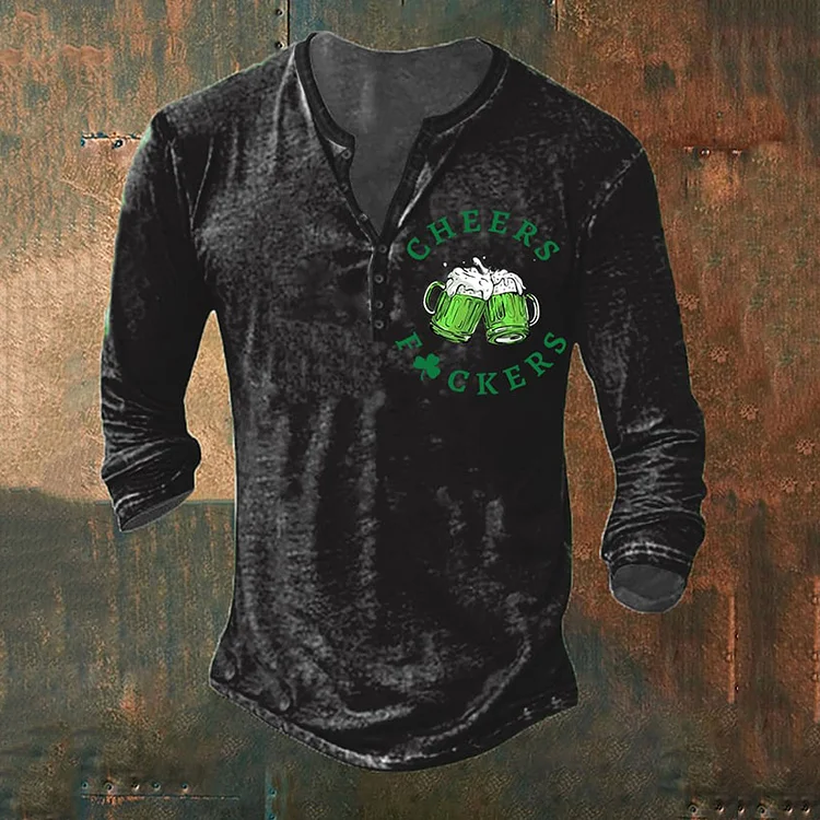 Wearshes Men's St. Patrick's Day Cheers Fuckers Henley Collar T-Shirt