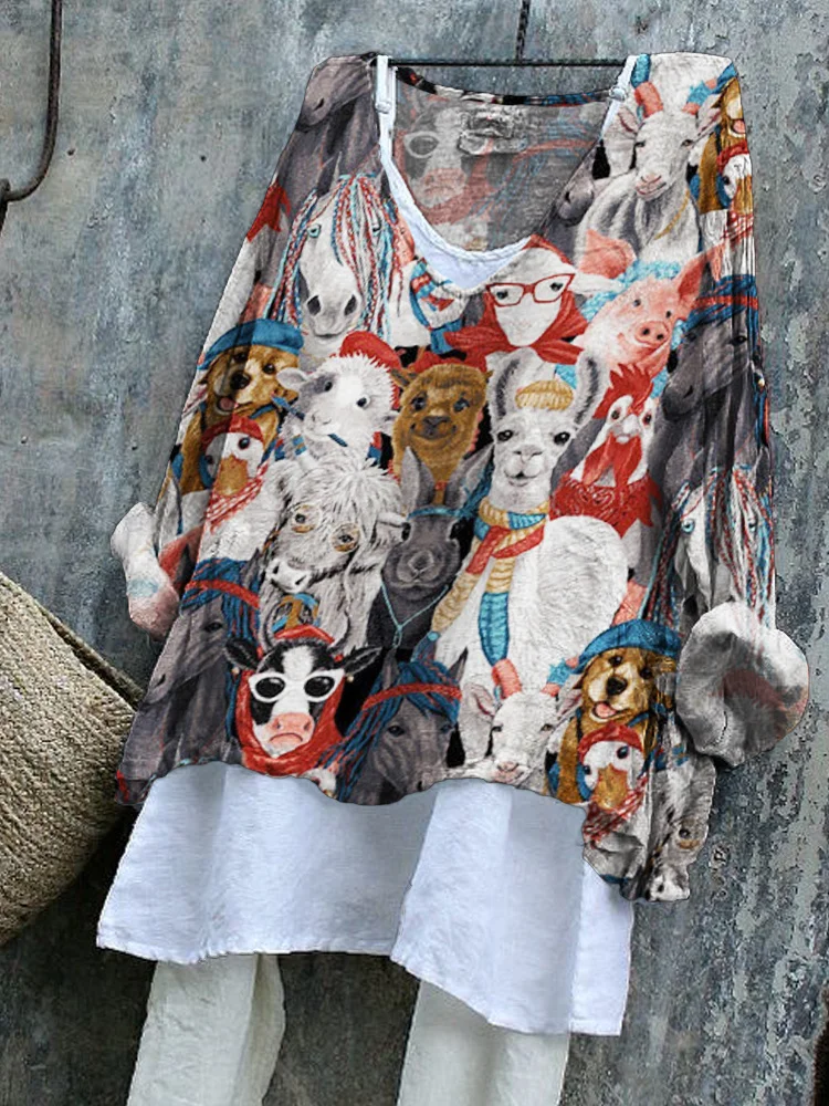 Farm Animal Family Pattern Casual Linen Loose Top