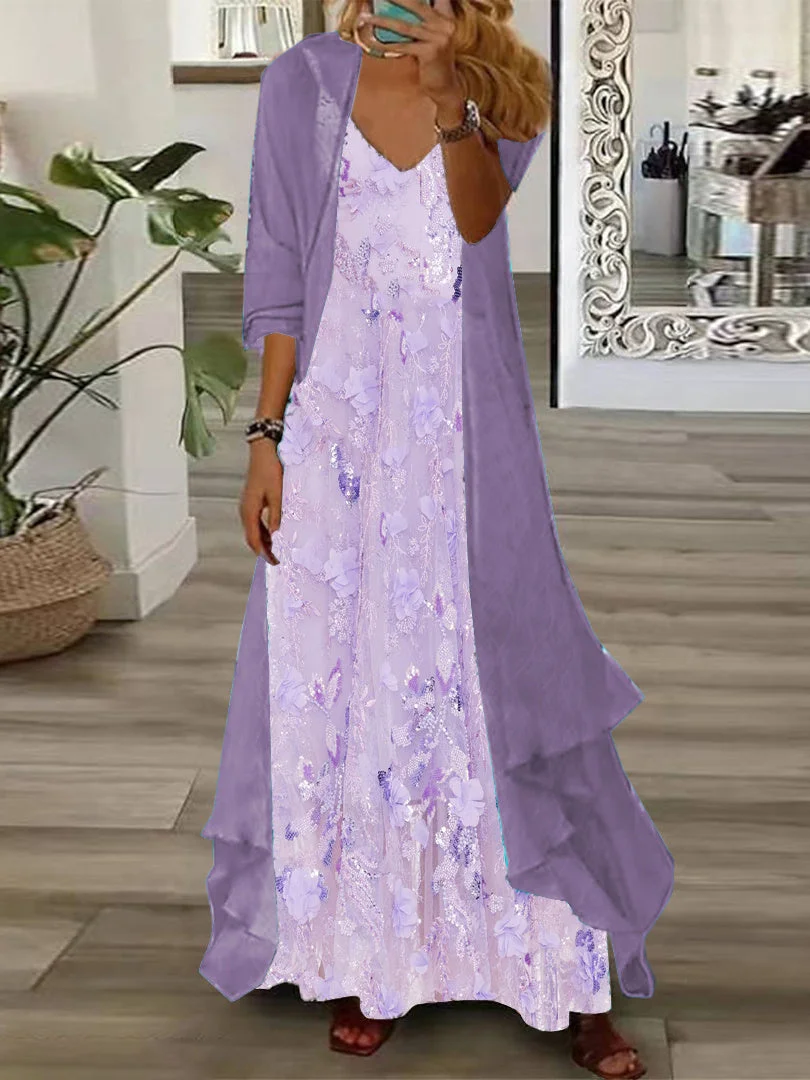 Women's Long Sleeve V-neck Floral Printed Two Pieces Maxi Dress