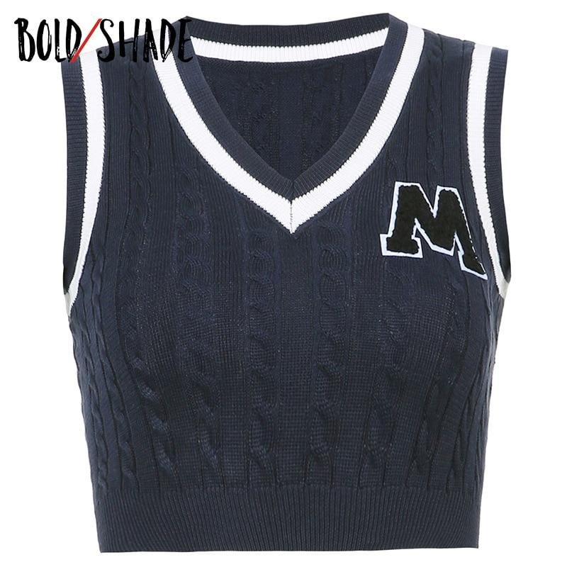 Bold Shade Grunge Fashion Streetwear 90s Tanks Knit Letter Print Sleeveless Slim Crop Tops Preppy Style Indie Clothes Aesthetic