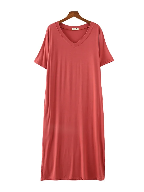Casual Loose Short Sleeves Split-Side Solid Color V-Neck Midi Dresses