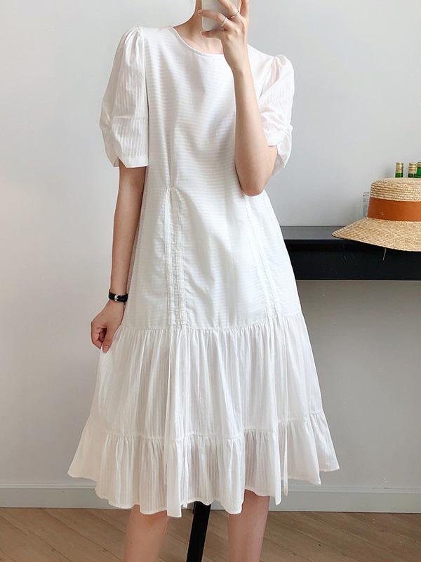 White Drawstring Pleated Puff Sleeve Dress