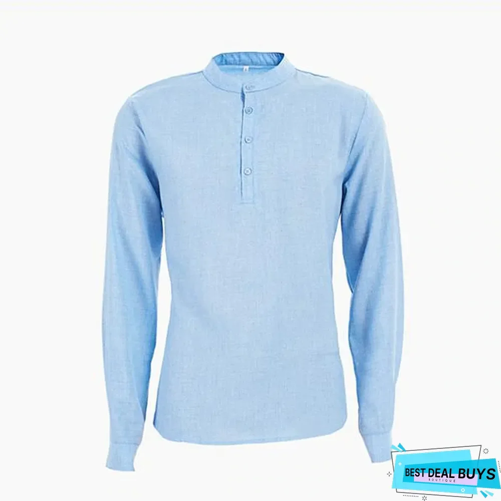 Men's Fashion Lapel Long Sleeve Solid Color Casual T-Shirts Linen