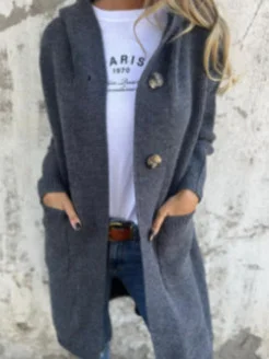 Athvotar Athvotar And Winter New Solid-Color Hooded Knitted Cardigan Women's Long-Sleeved Sweater Coat Loose Single-Dbutton Pocket Coat