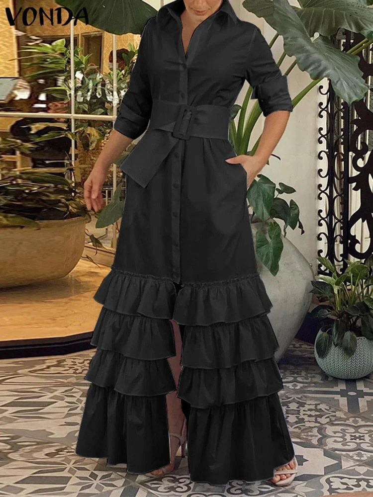 VONDA Autumn Shirt Dress 2022 Women Party Maxi Dresses Ladies Long Sleeve Solid Bohemian Vestidos Lapel Button Down Sundress