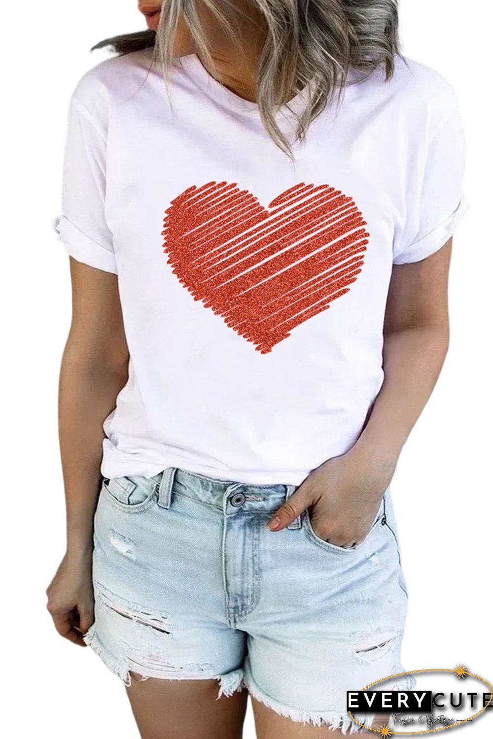 White Heart Shape Glitter Patter Print Short Sleeve T Shirt