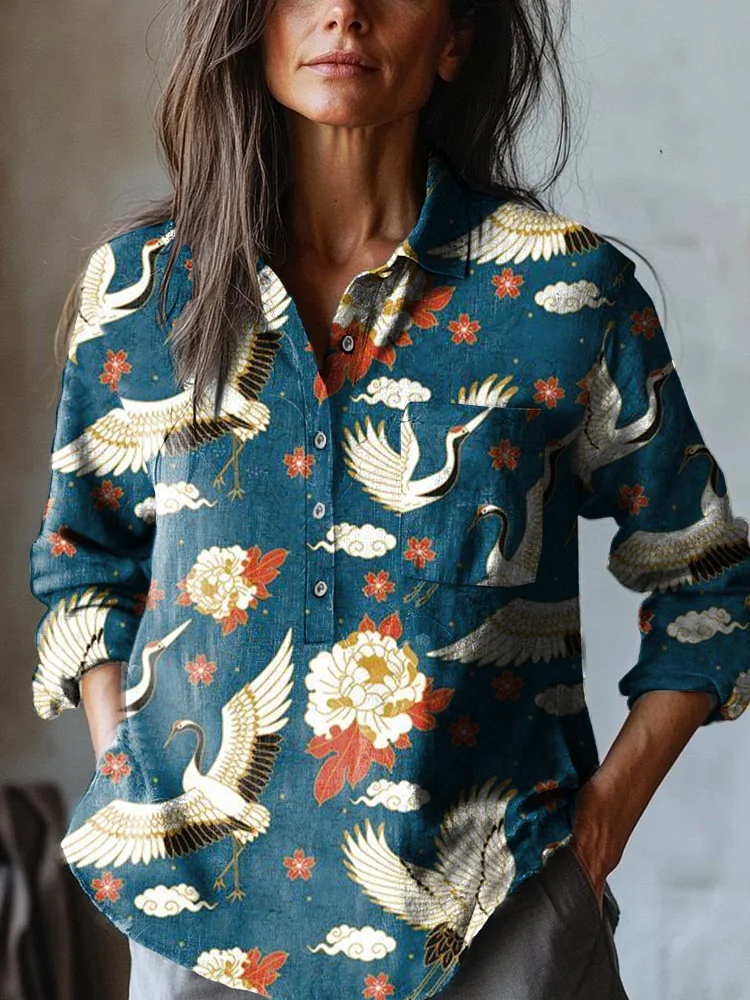 Women's Japanese Crane Cherry Blossom Art Print Casual Cotton and Linen Shirt