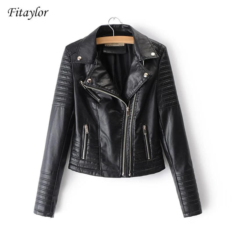 Fitaylor Women Motorcycle Faux Leather Jackets Ladies Streetwear Black Coat Long Sleeve Autumn Biker Zippers Outwear