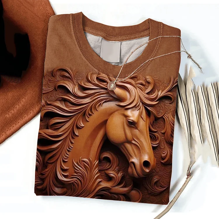 Comstylish Vintage Art Horse Printed Long Sleeve T-Shirt