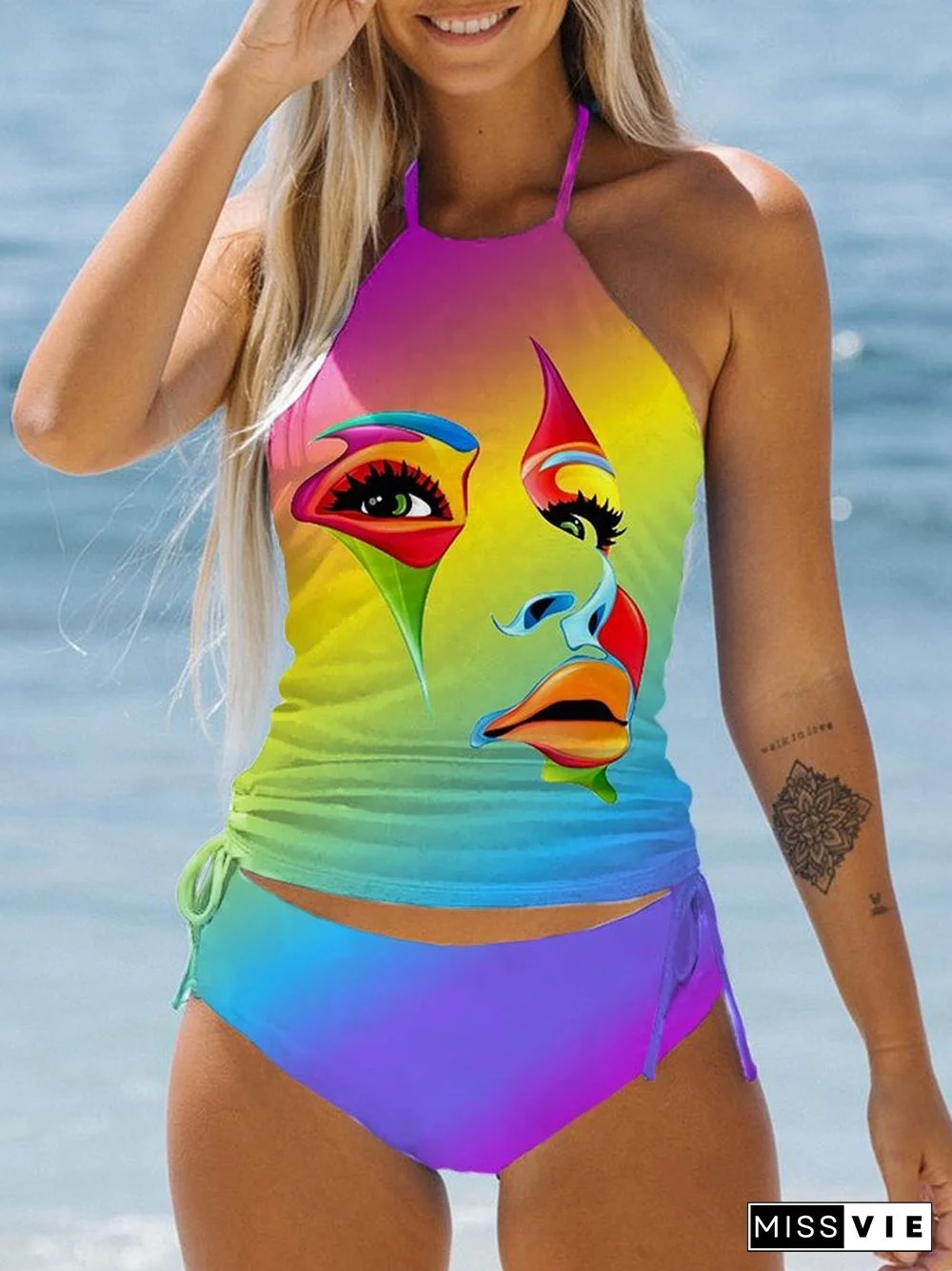 Artistic Abstract Colorful Lace-Up Print Swimsuit Set