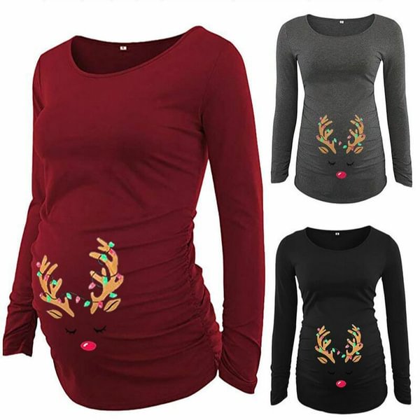 New Pregnancy Clothes Christmas Long Sleeve Antlers Print Side Ruched Maternity Top Nursing Tops - BlackFridayBuys