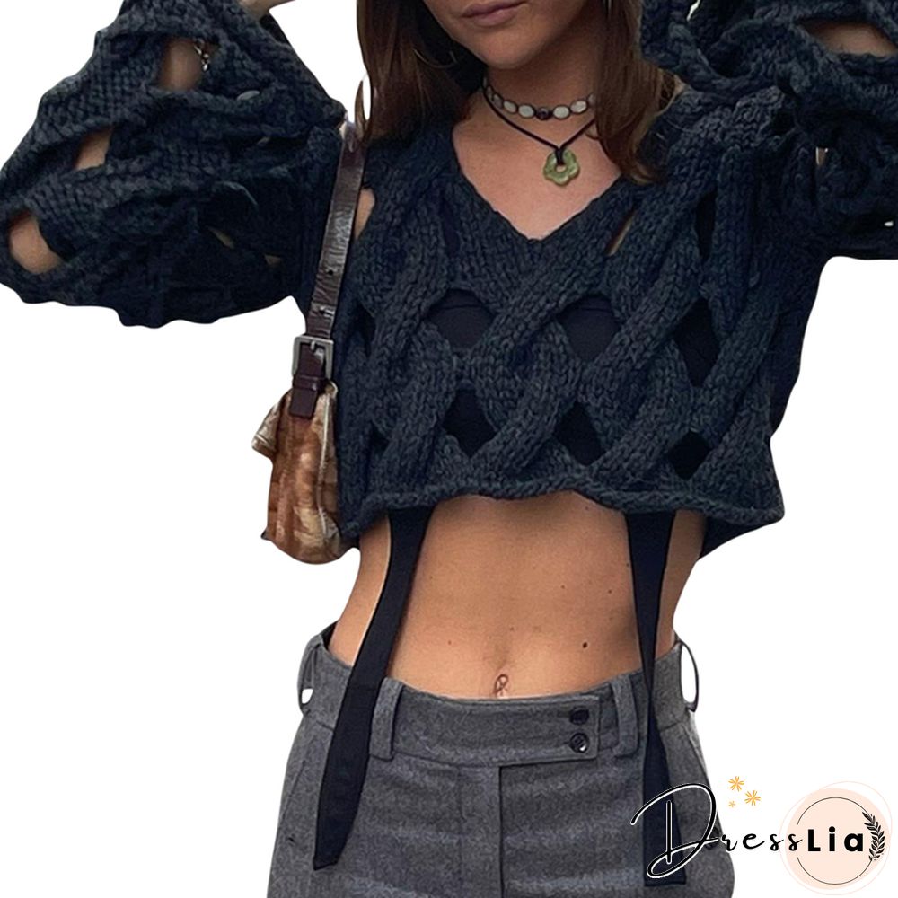 Hollow Out Sweater Y2k Aesthetic Women Long Sleeve Tops Grunge Aesthetic Clothes E Girl Pullovers Basic Clothing
