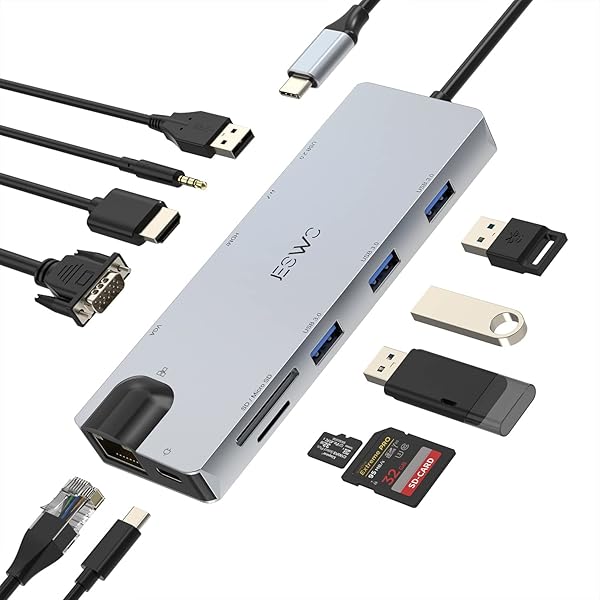 USB C HUB 11-in-1 Docking Station, USB C Adapter with RJ45 Ethernet, 4K HDMI, VGA, USB 3.0 Ports, 100W PD, SD/TF, 3.5mm AUX, Thunderbolt Dock Multiport Adapter for MacBook Pro/Air, More Type C Devices
