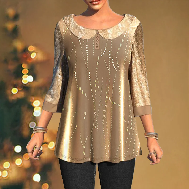 Christmas Lines Doll Collar Gold Long Sleeve T-shirt