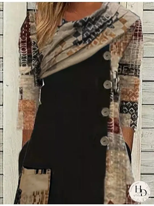 Casual Dress Midi Dress Black 3/4 Length Sleeve Color Block Patchwork Winter Fall Spring Crew Neck Classic Weekend S M L XL 2XL 3XL for Women