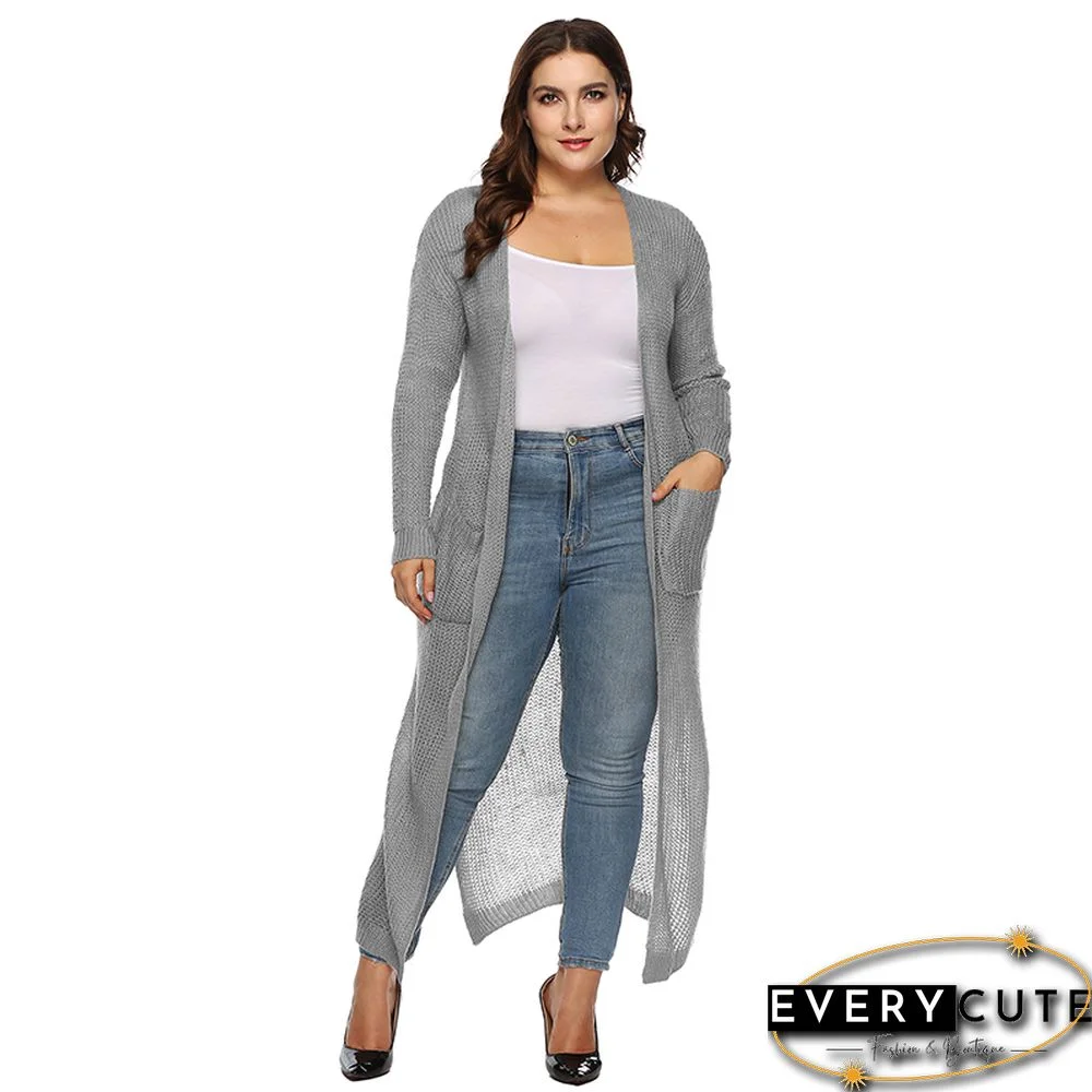 Gray Split Plus Size Cardigan With Pockets