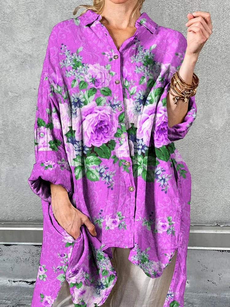 Women's Art Elegant Rose Floral Pattern Cotton Shirt