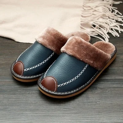 Men Leather Slippers Winter PU Leather Slippers Warm Indoor Slipper Soft Waterproof Home House Shoes Men Warm Leather Slippers