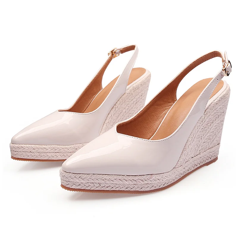 Wongn Wongn Wedge Heel Thick Bottom High Heel Pointed Women's Shoes Back Empty Head Drag Fashion Patent Leather Large Size