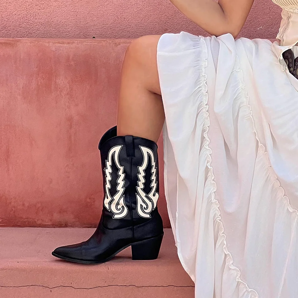 Black Vegan Leather Pointed Toe Ivory Embroidered Mid-Calf Cowgirl Boots Nicepairs