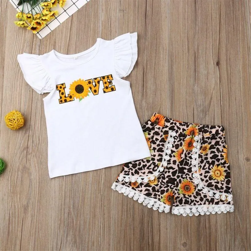 2019 Baby Summer Clothing Toddler Newborn Kid Baby Girl Clothes Love Letter T-shirt Tops Tassel Short Sunflower Outfits Set 1-6T