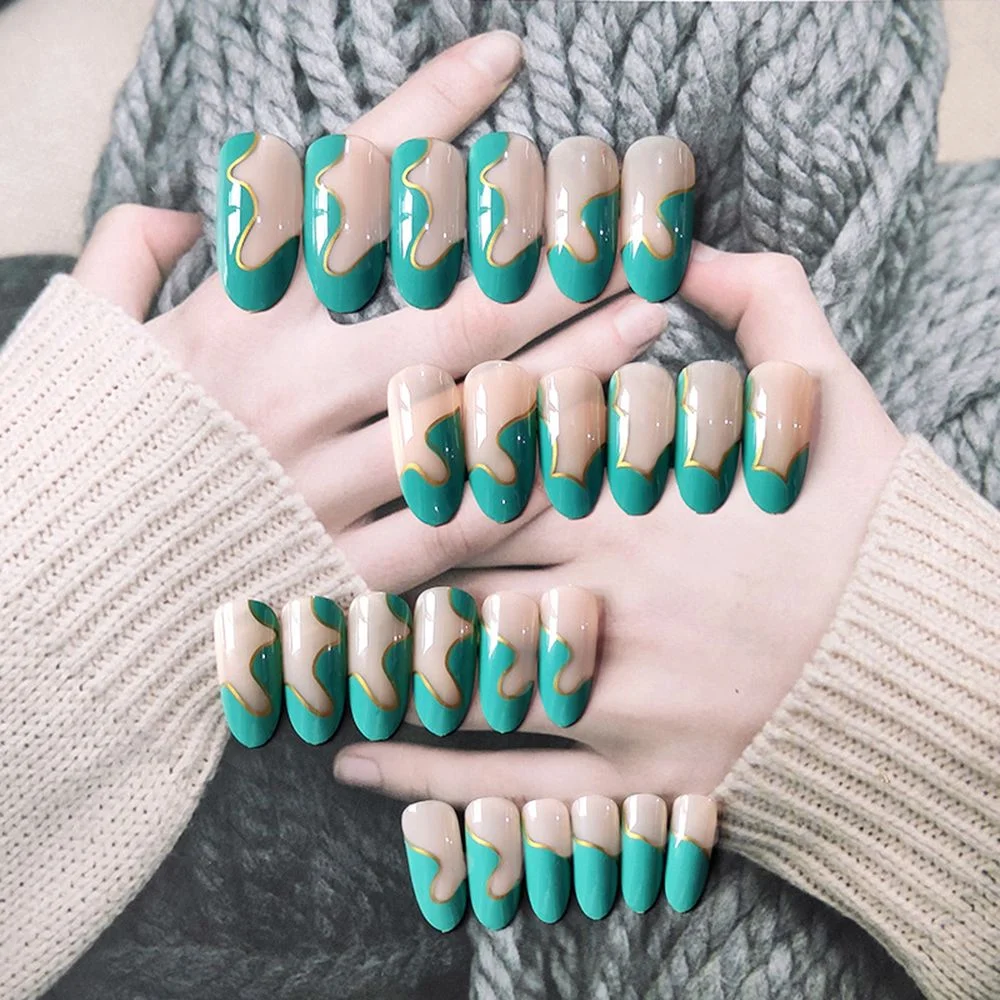 24pc Detachable Green Almond False Nails acrylic tips Wearable Fake Nails Full Cover Nail Tips Press On Nails ballerina nail tip