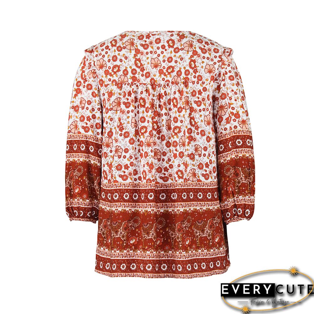 Red Bohemia Style Lace-up Long Sleeve Tops