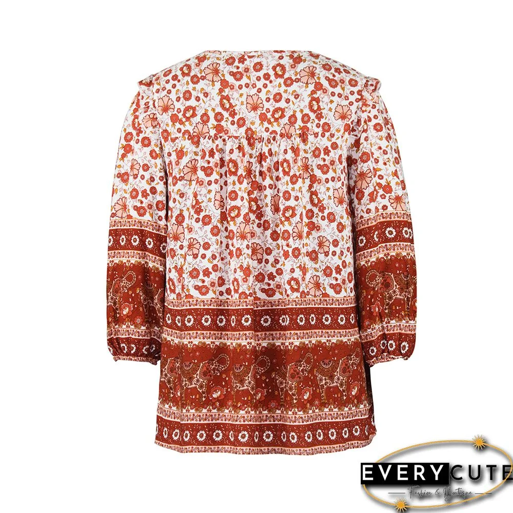 Red Bohemia Style Lace-up Long Sleeve Tops