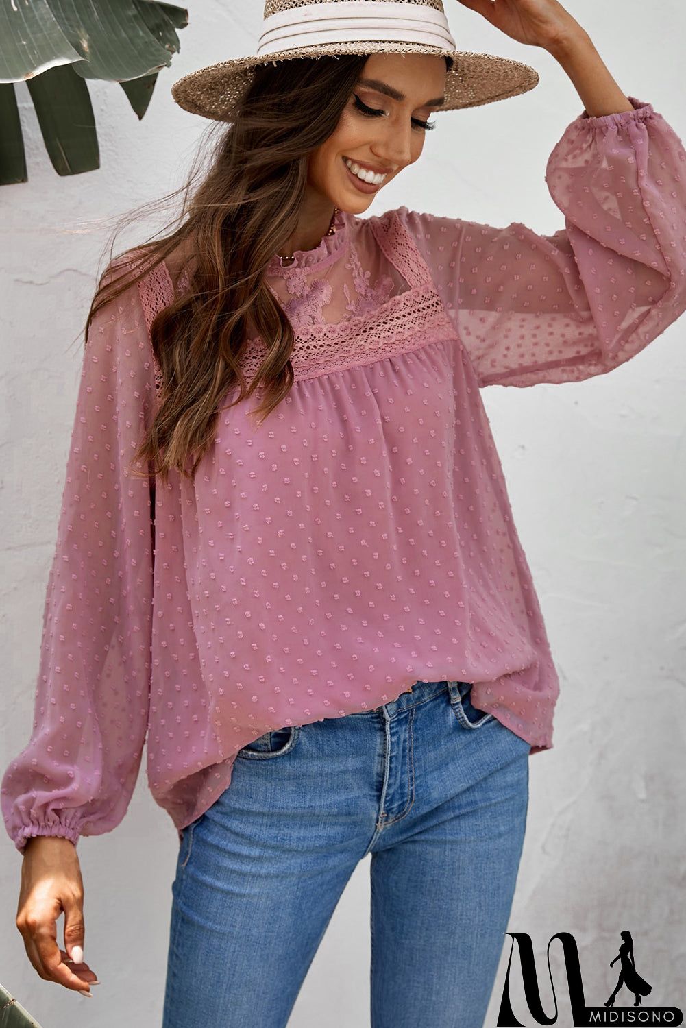 MidiSono - Frill Neck Swiss Dot Puff Sleeve Blouse