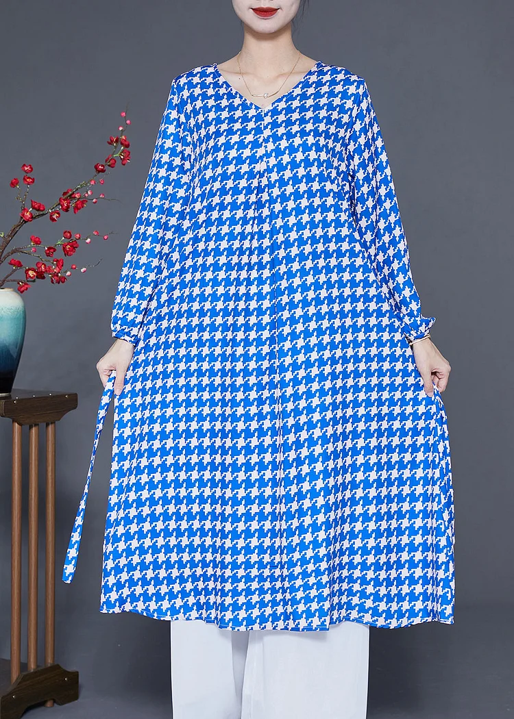 Boutique Blue V Neck Plaid Silk Holiday Dress Long Sleeve