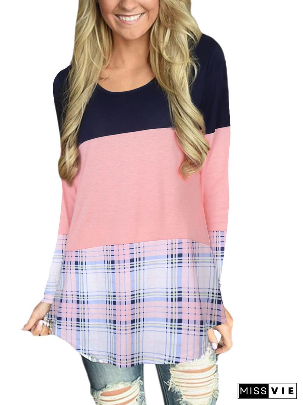 Women's Scoop Neck Long Sleeve Plaid Tops
