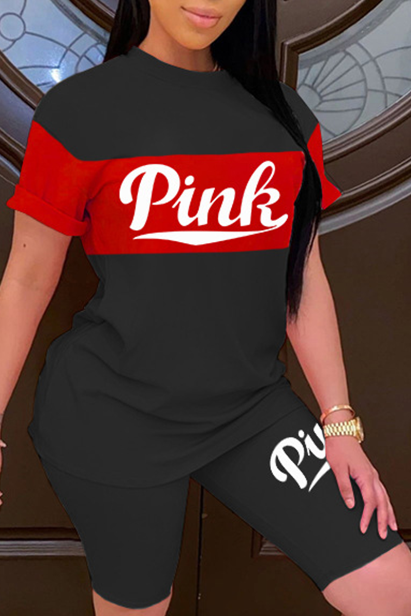 Black Casual Print Letter O Neck Short Sleeve Two Pieces