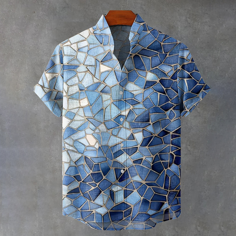 Blue Gradient Glass Texture Art Vintage Print Casual Cotton Shirt  artssus