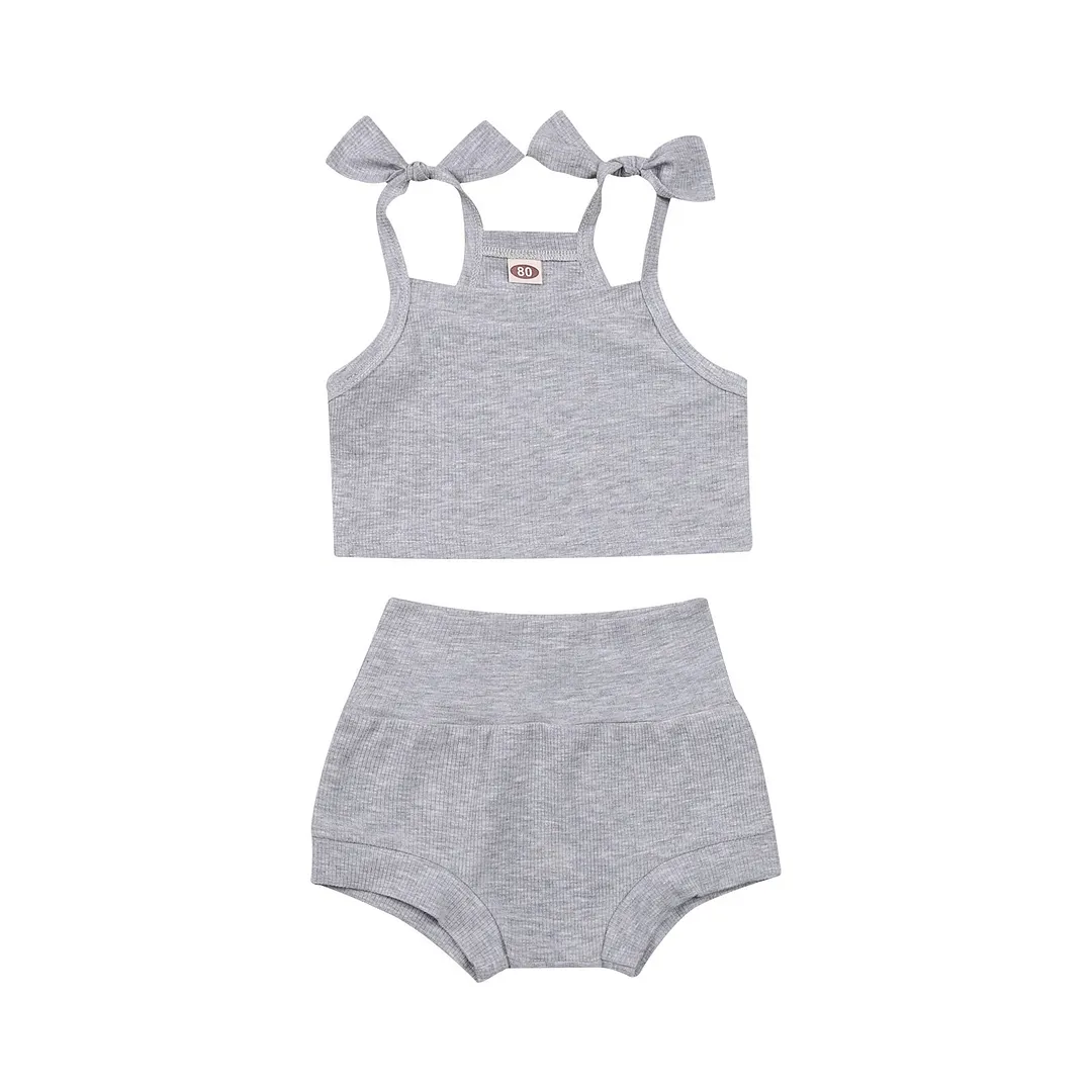 2021 Baby Summer Clothing 2Pcs Toddler Outfits Stripes/Solid Lacing Shoulder Strap Tank Tops Elastic Waist Shorts for Baby Girl