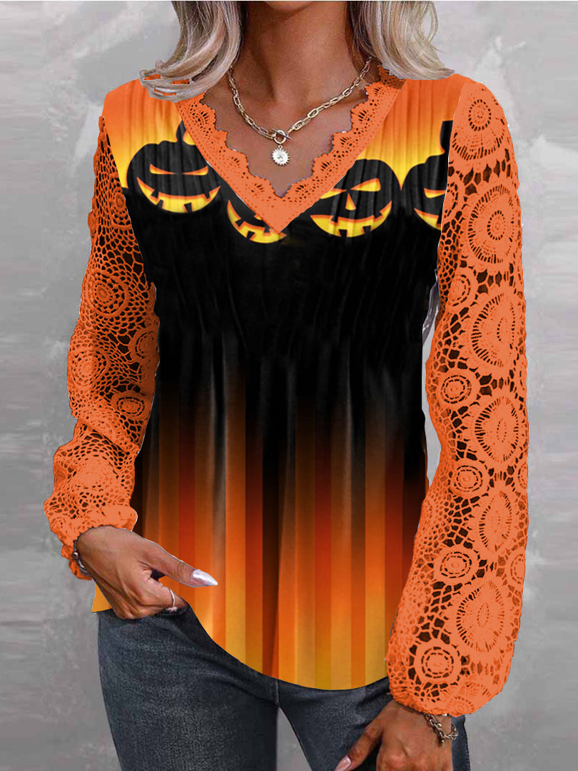 Women Long Sleeve V-neck Pumpkin Printed Graphic Halloween Lace Tops