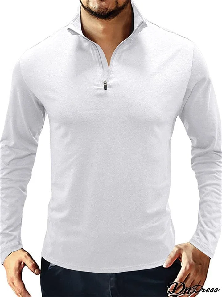 Male Long Sleeve Stand Collar Zipper Close-fitting Polo Shirts